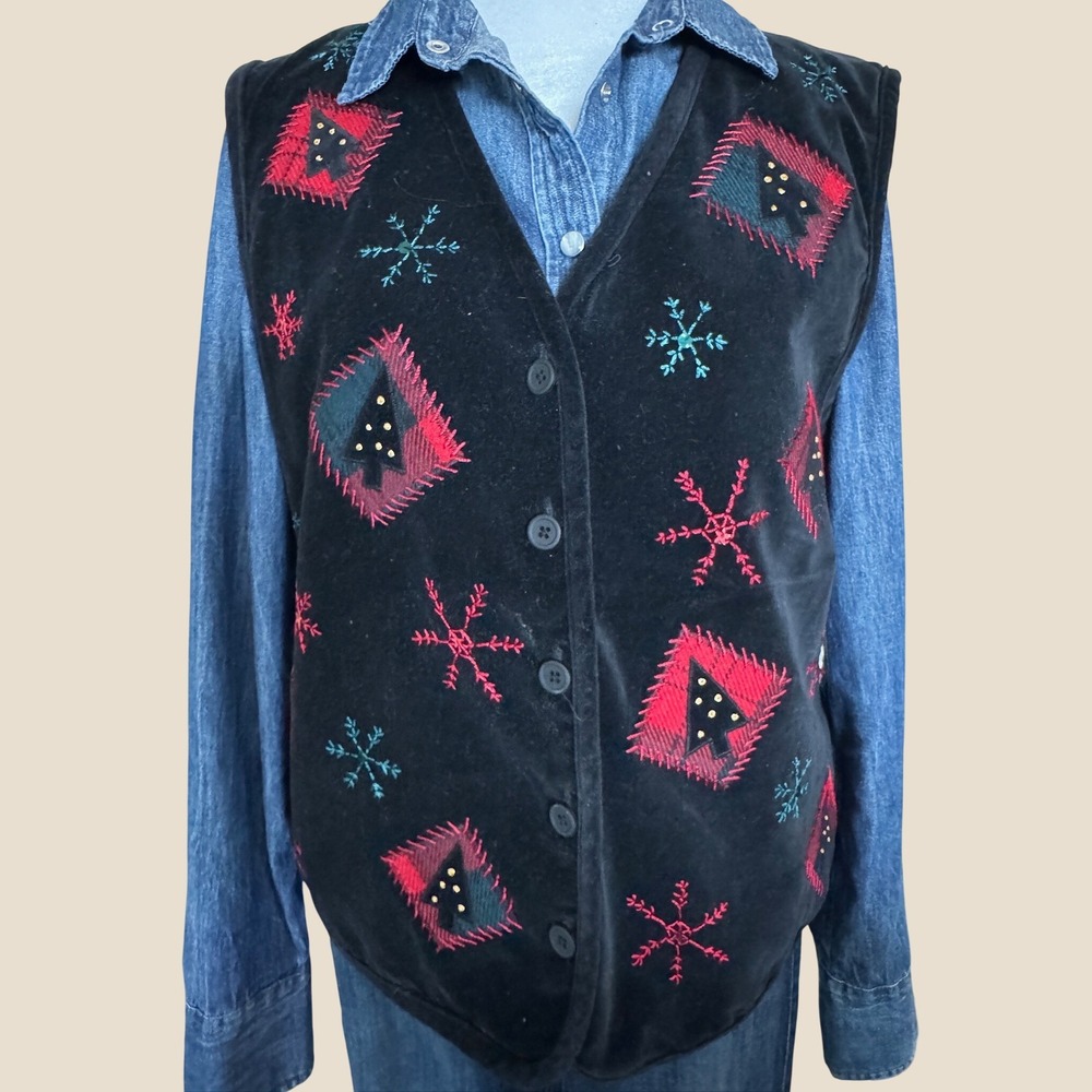 Vintage Talbots Black Velvet Christmas Tree Embroidered Vest M